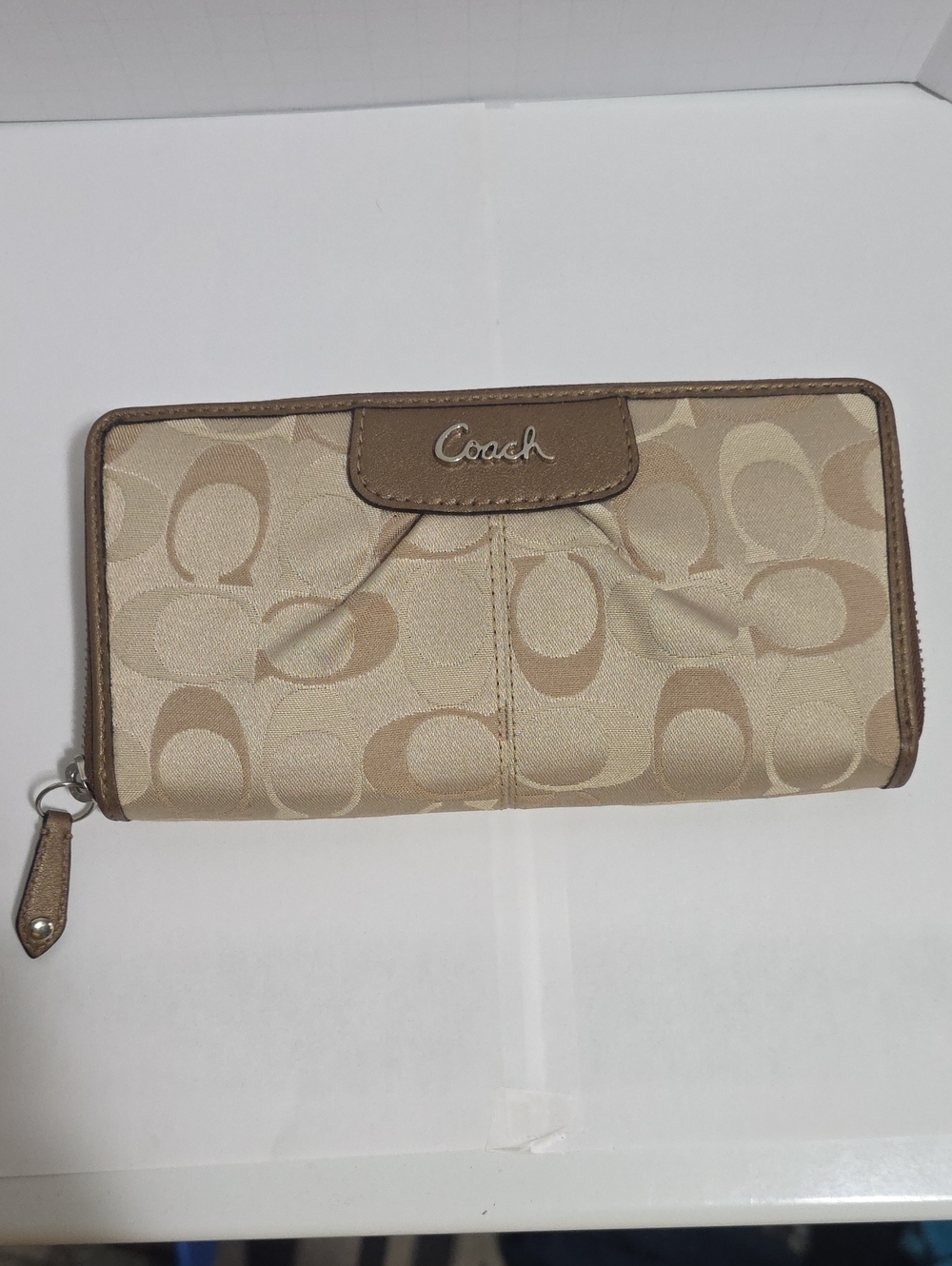 Coach Beige Signature Zip Wallet